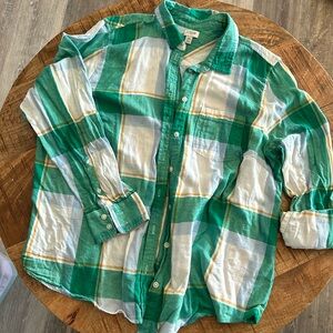 J. Crew 2XL plaid green & mustard button down flannel shirt